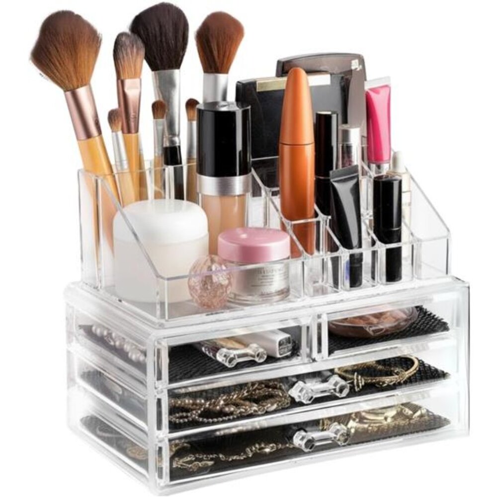 Clear Makeup Organizer -16-Compartment Cosmetic and Jewelry Holder with 4 Drawer